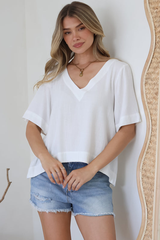 Shandy Top - V-Neck Boxy High Low Top with Short Sleeves in White