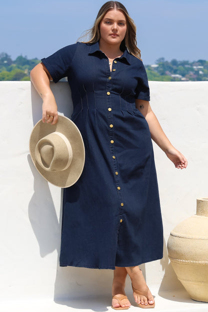 Sharlan Midi Dress - A-Line Button Detailed Denim Dress in Dark Denim