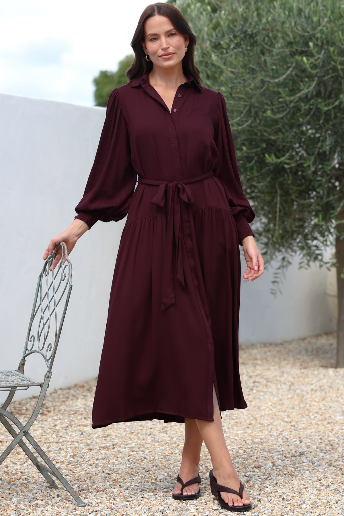 Skandi Midi Dress - Button Down Billow Sleeve Shirt Dress with Waist Tie in Wine