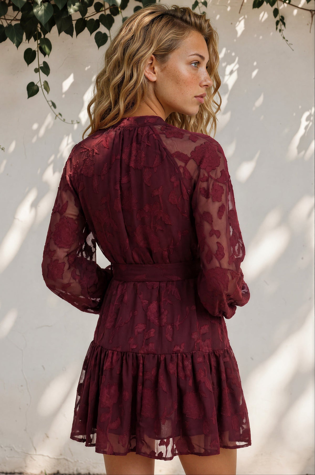 Solange Mini Dress - Floral Motif Overlay Front Button Placket Tiered Dress with Belt in Wine