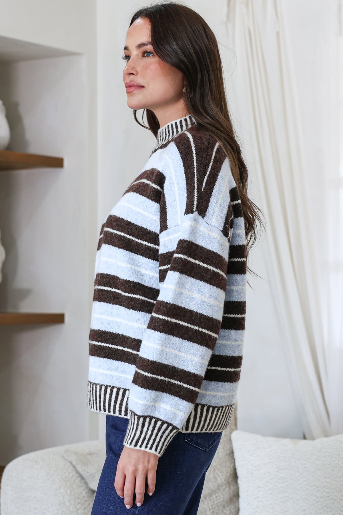 Sylvan Jumper - Mock Neck Striped Ribbed Hem Knit in Blue/Chocolate