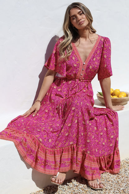 Tassia Maxi Dress - Buttoned Bodice Pull Tie Waist Dress in Quinne Print