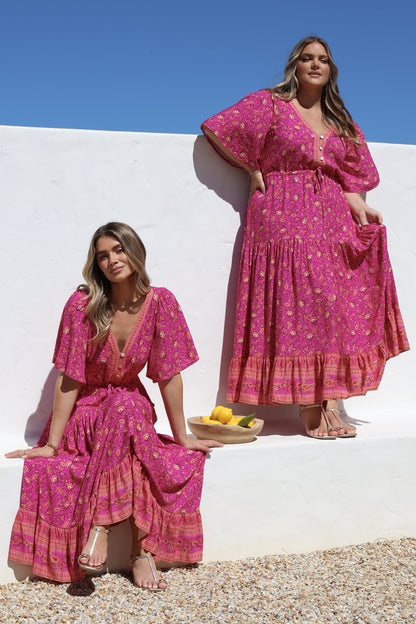 Tassia Maxi Dress - Buttoned Bodice Pull Tie Waist Dress in Quinne Print