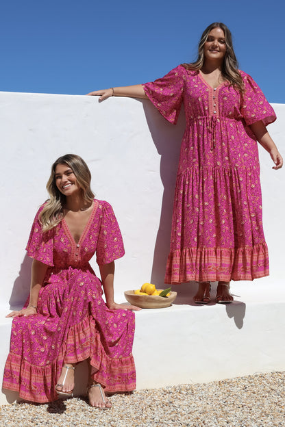 Tassia Maxi Dress - Buttoned Bodice Pull Tie Waist Dress in Quinne Print