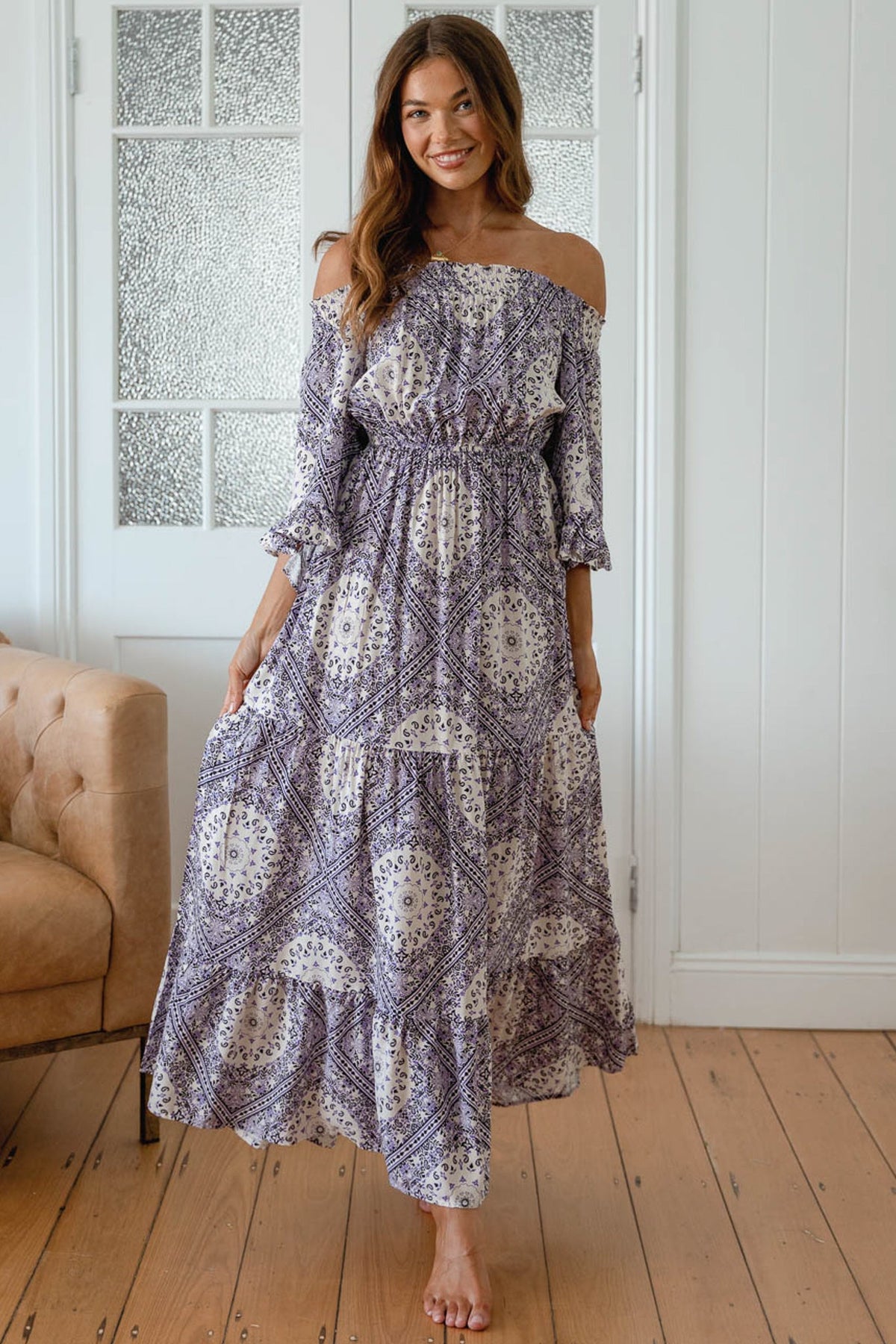 JAASE - Teegan Maxi Dress: Off Shoulder Scarf Sleeve Maxi Dress in Lilac Lullaby Print