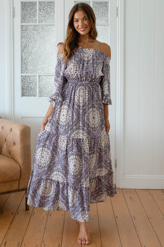 JAASE - Teegan Maxi Dress: Off Shoulder Scarf Sleeve Maxi Dress in Lilac Lullaby Print