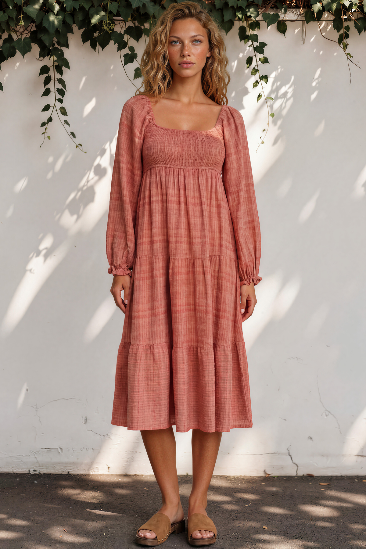 Teva Midi Dress - Square Neckline Dress with Pockets in Light Coral