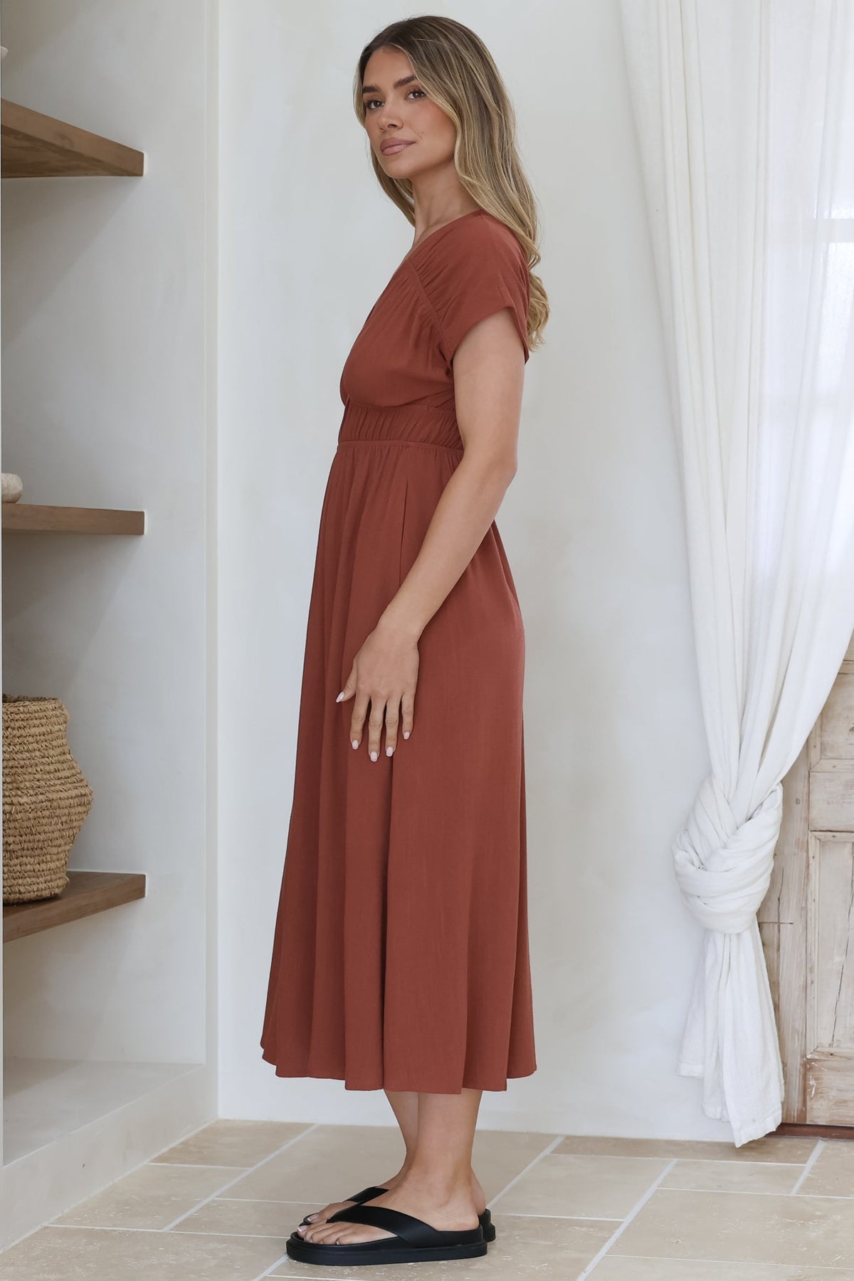 Torin Midi Dress - Gathered and Piping Detailed A-Line Dress with a V-Neckline in Rust
