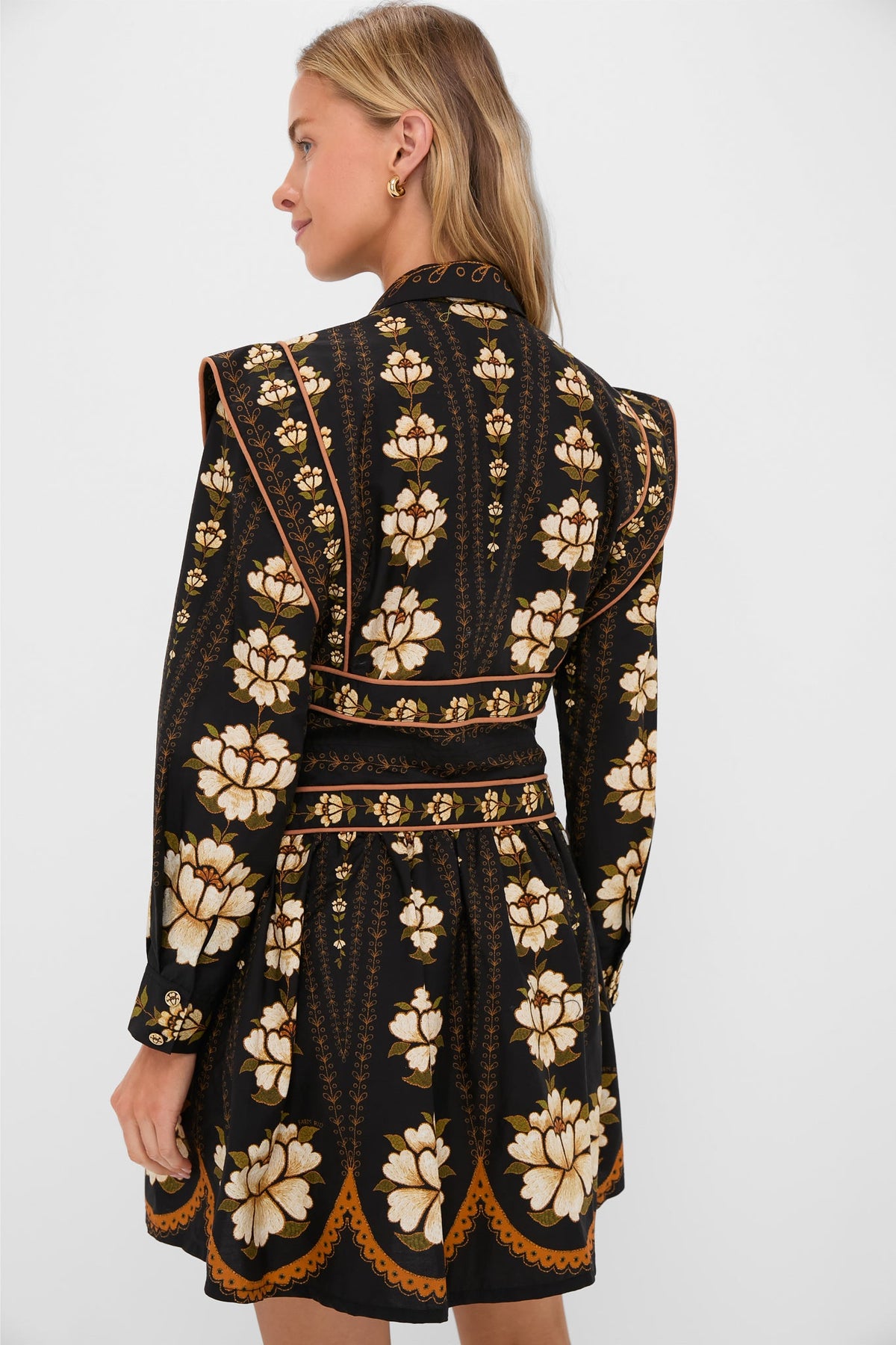 Black Embroidered Flowers Topstitching Long Sleeve Mini Dress