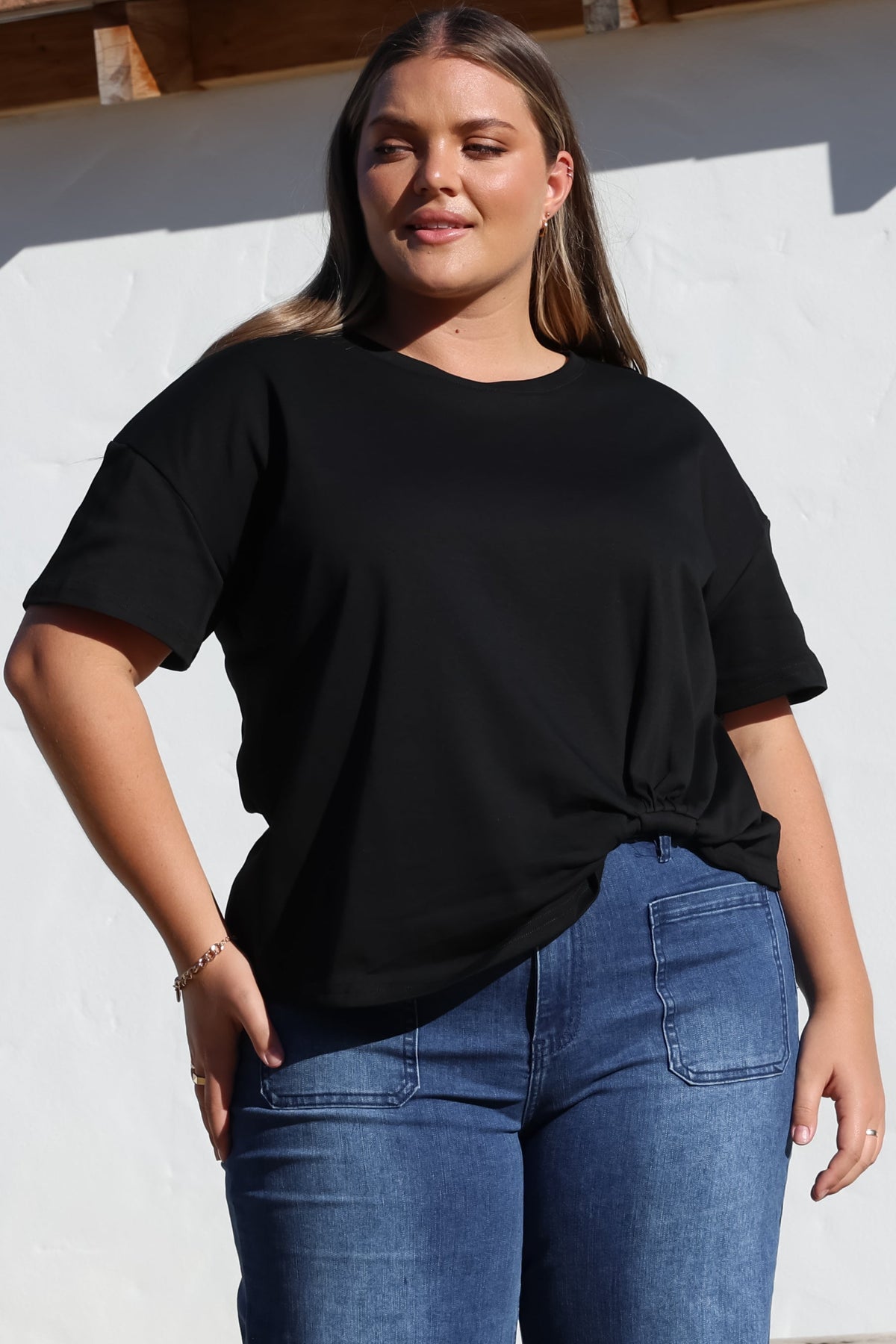 Tuck T-Shirt - Round Neckline Cotton Tee with Gathered Front Detail in Black