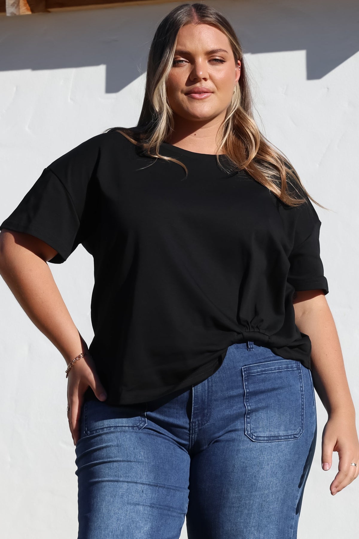 Tuck T-Shirt - Round Neckline Cotton Tee with Gathered Front Detail in Black