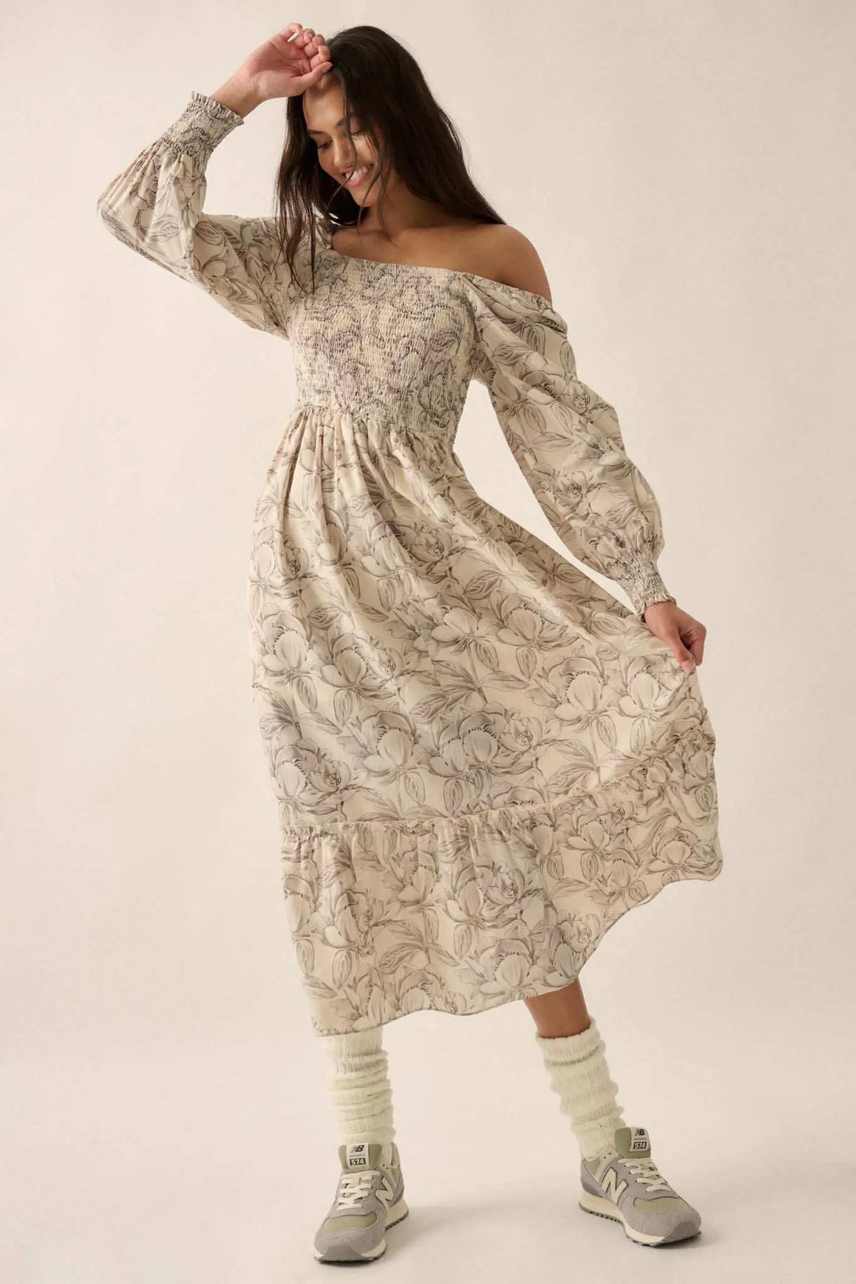Serene Garden Floral Smocked Peasant Midi Dress