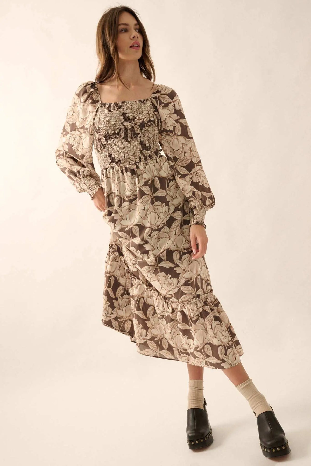 Serene Garden Floral Smocked Peasant Midi Dress