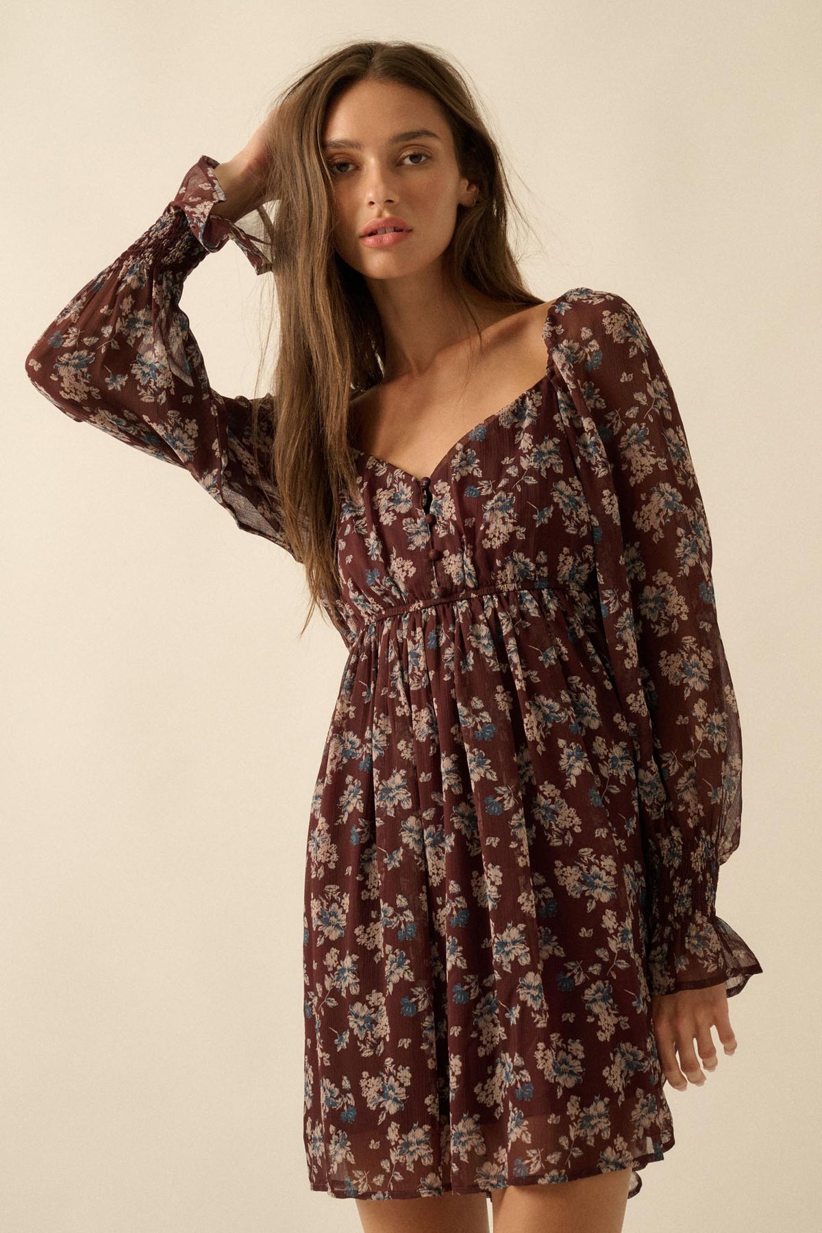 Blooming Fields Floral Chiffon Peasant Mini Dress