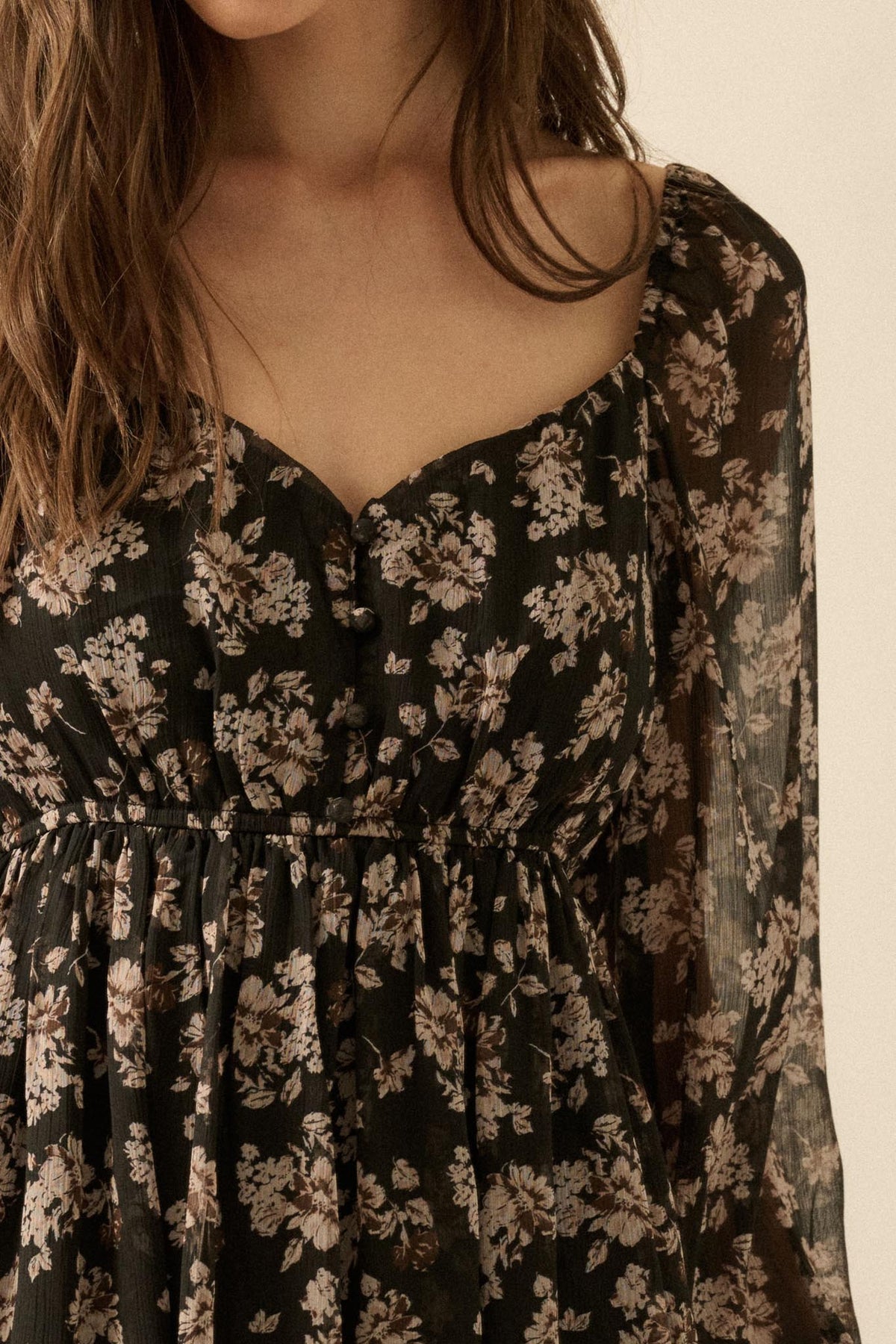 Blooming Fields Floral Chiffon Peasant Mini Dress
