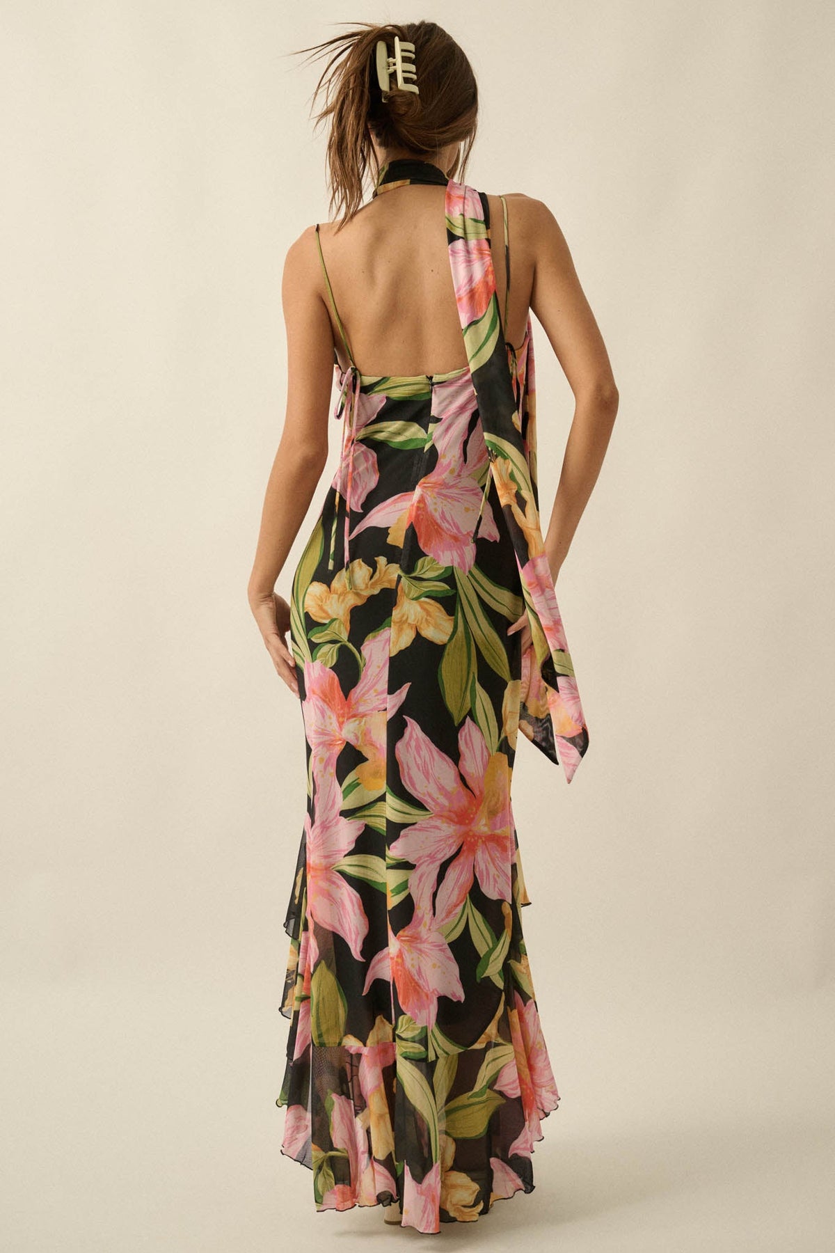 Lavish Petals Floral Mesh Ruffle Maxi Dress and Scarf