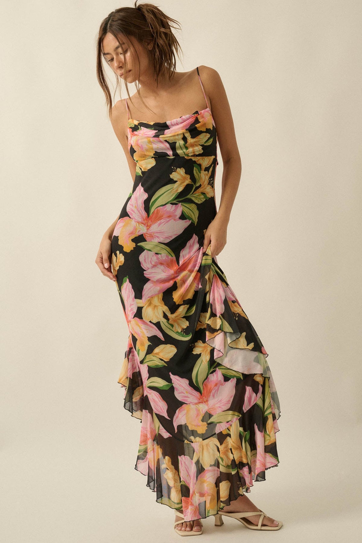 Lavish Petals Floral Mesh Ruffle Maxi Dress and Scarf