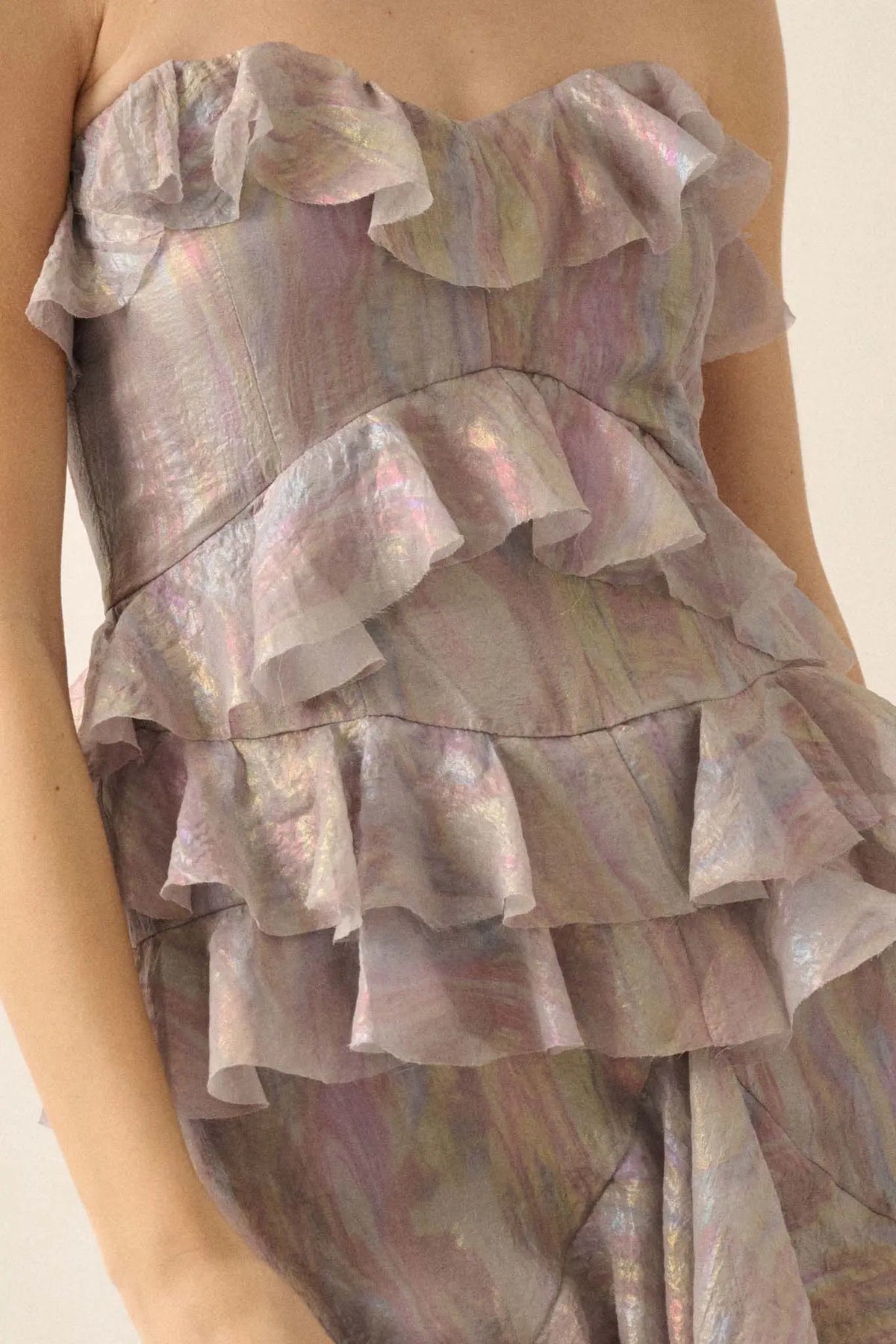 Opal Glow Strapless Iridescent Ruffle Maxi Dress