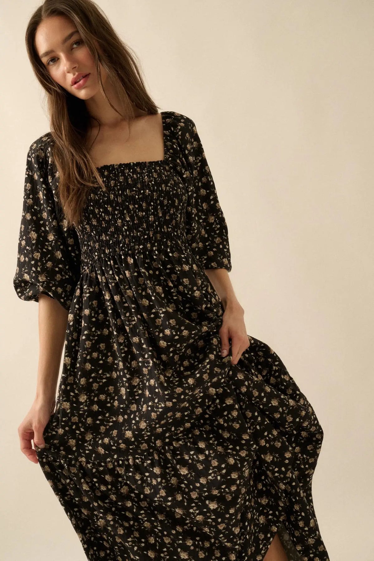 Home Ground Floral Smocked Midi Peasant Dress