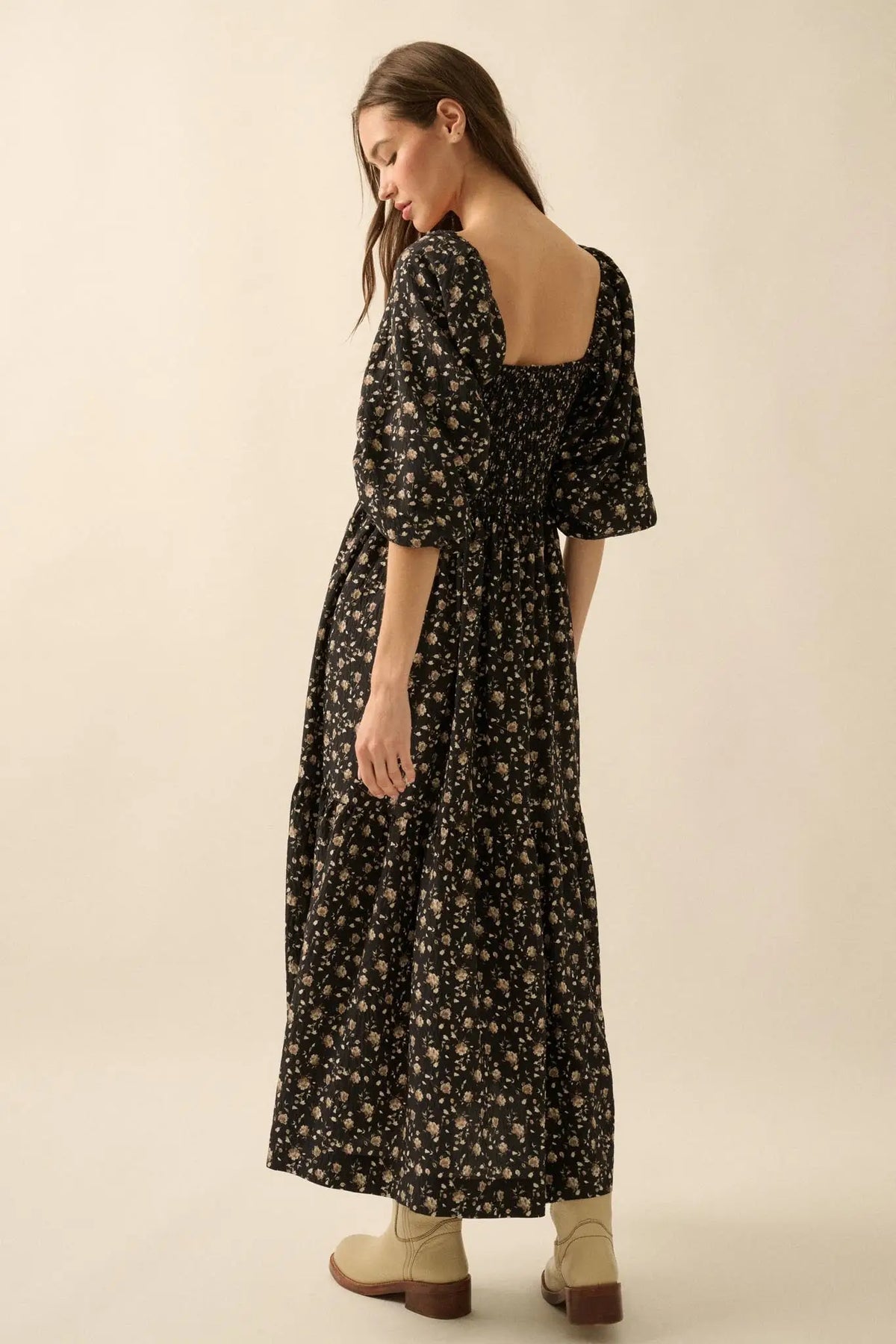 Home Ground Floral Smocked Midi Peasant Dress