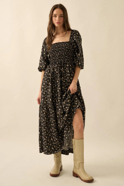 Home Ground Floral Smocked Midi Peasant Dress