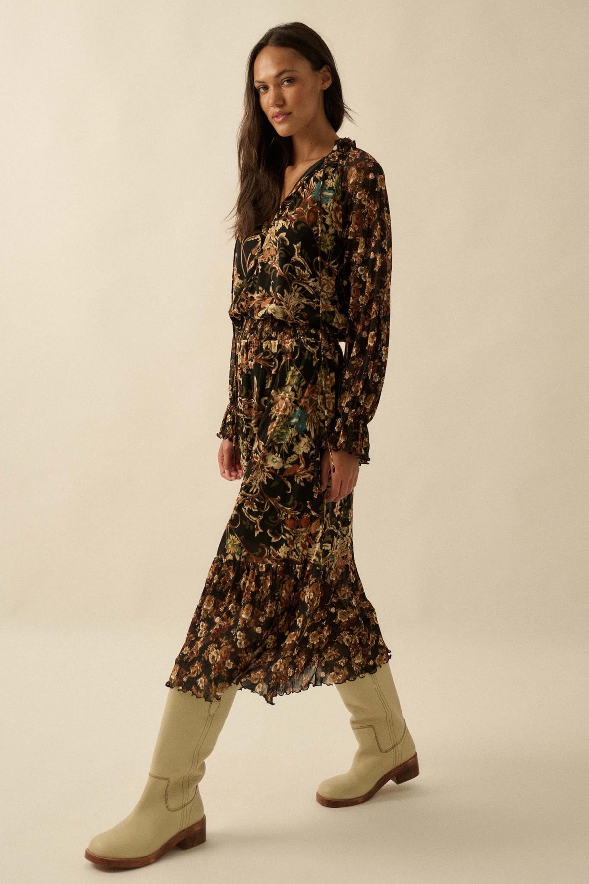 Dramatic Blooms Floral Mesh Buttoned Midi Dress