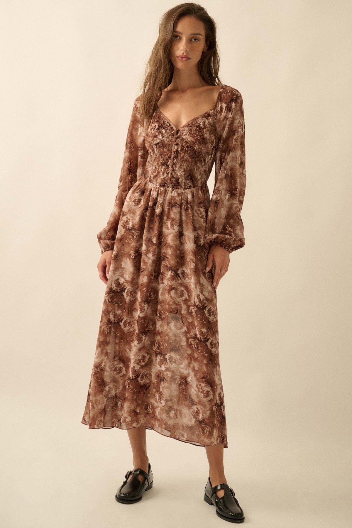 Chestnut Roses Smocked Floral Midi Peasant Dress