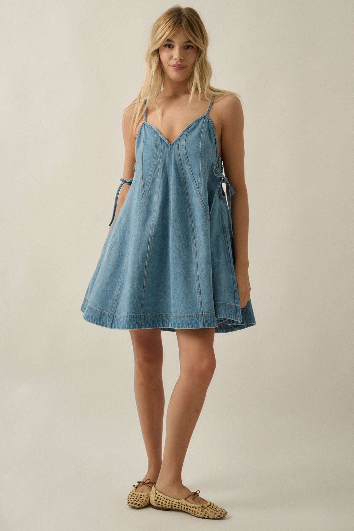 Jean Queen Denim Contrast-Stitch Trapeze Mini Dress