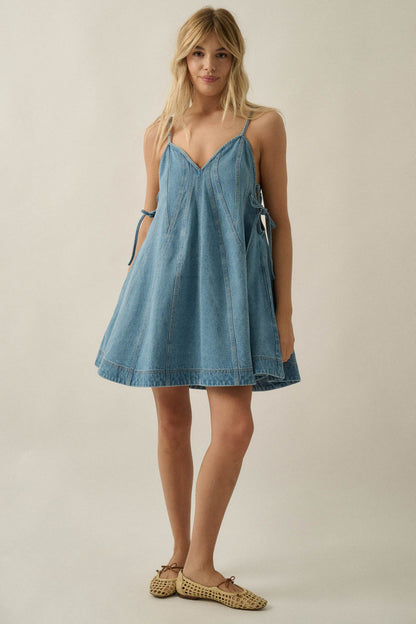 Jean Queen Denim Contrast-Stitch Trapeze Mini Dress