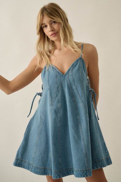 Jean Queen Denim Contrast-Stitch Trapeze Mini Dress