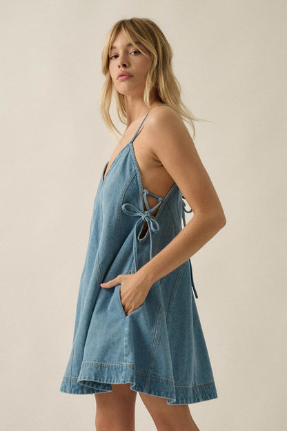 Jean Queen Denim Contrast-Stitch Trapeze Mini Dress