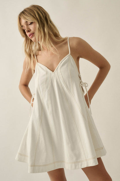 Jean Queen Denim Contrast-Stitch Trapeze Mini Dress