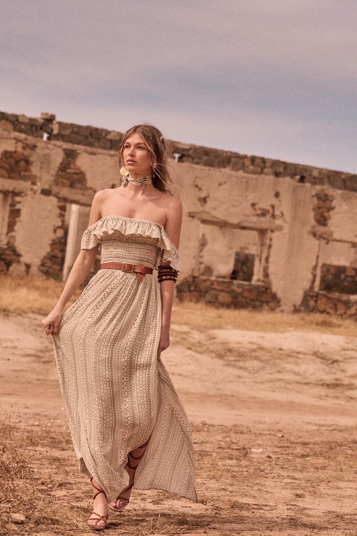 Adventure Begins Geo-Print Off-Shoulder Maxi Dress