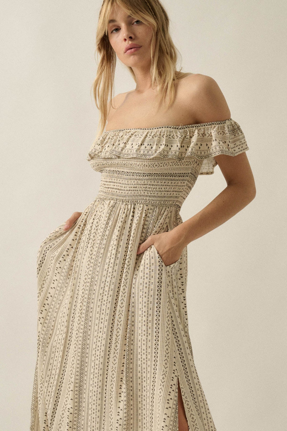 Adventure Begins Geo-Print Off-Shoulder Maxi Dress