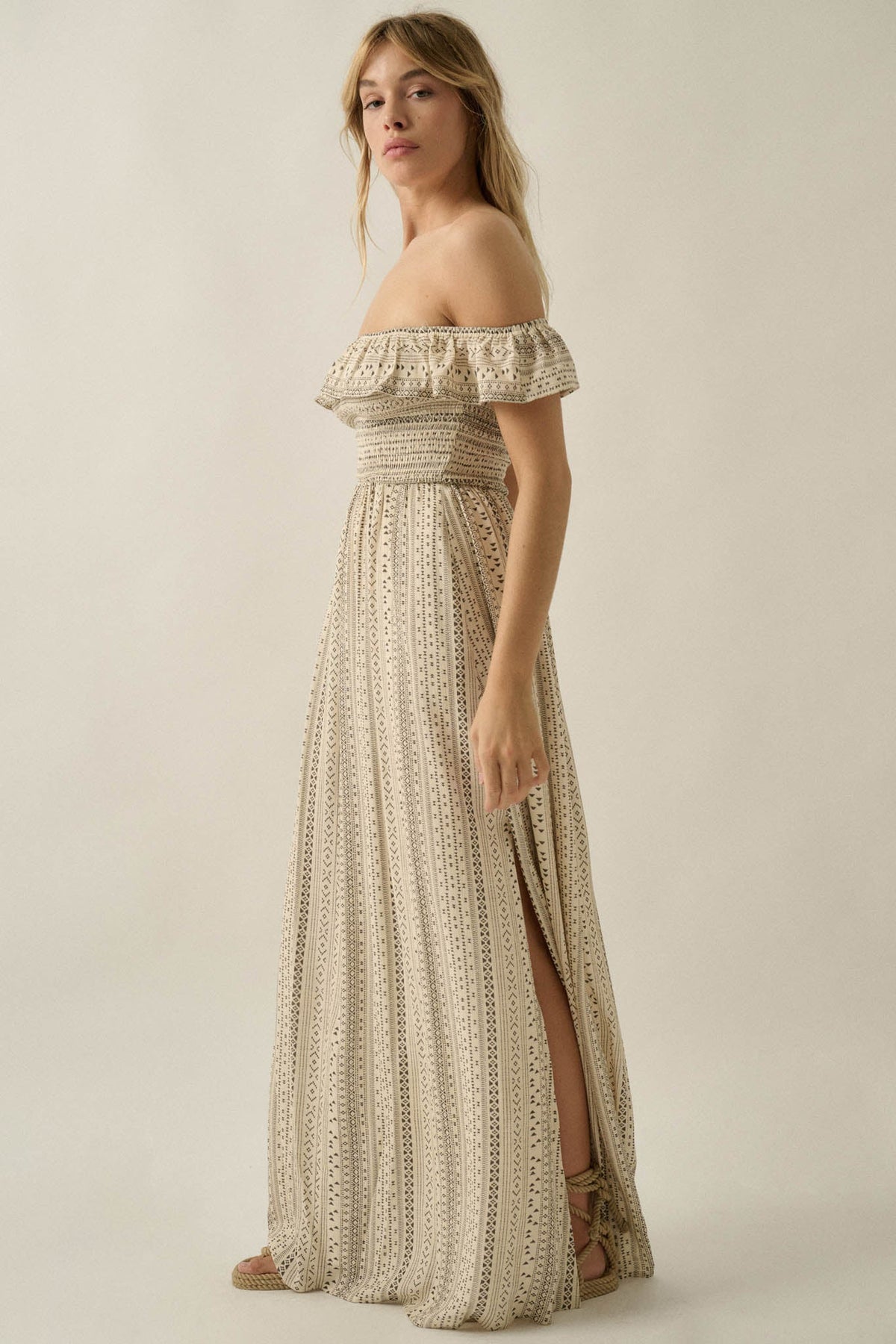 Adventure Begins Geo-Print Off-Shoulder Maxi Dress