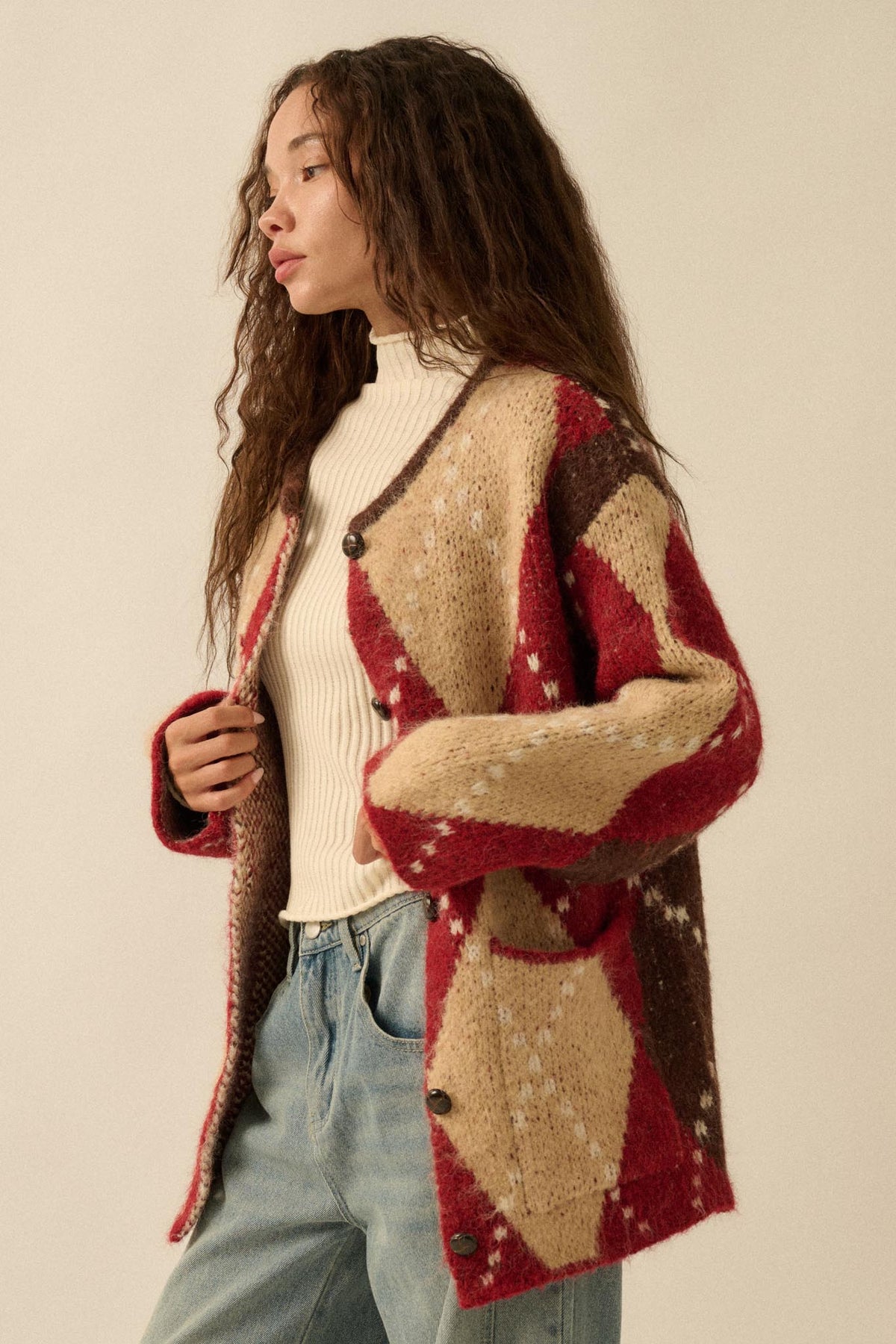 Cross Country Fuzzy-Knit Argyle Pocket Cardigan