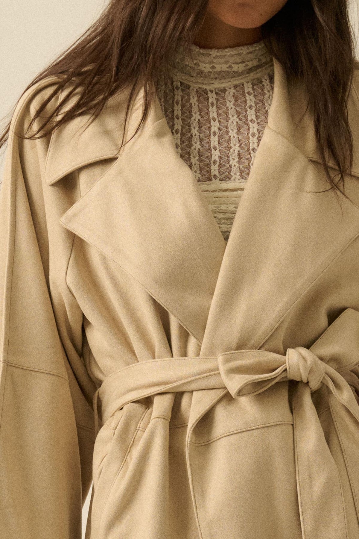 City Life Vegan Suede Belted Cropped Trench Coat