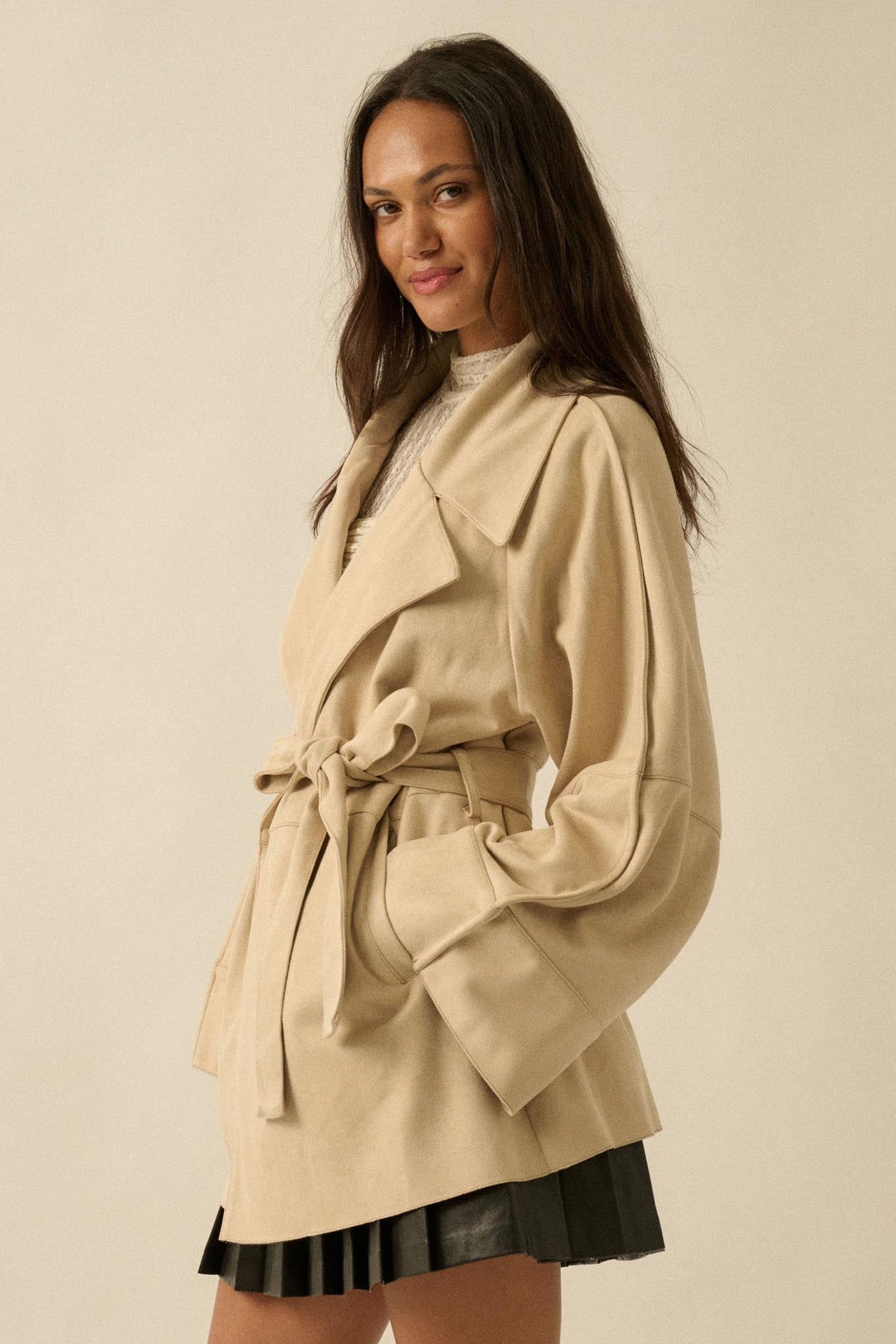 City Life Vegan Suede Belted Cropped Trench Coat