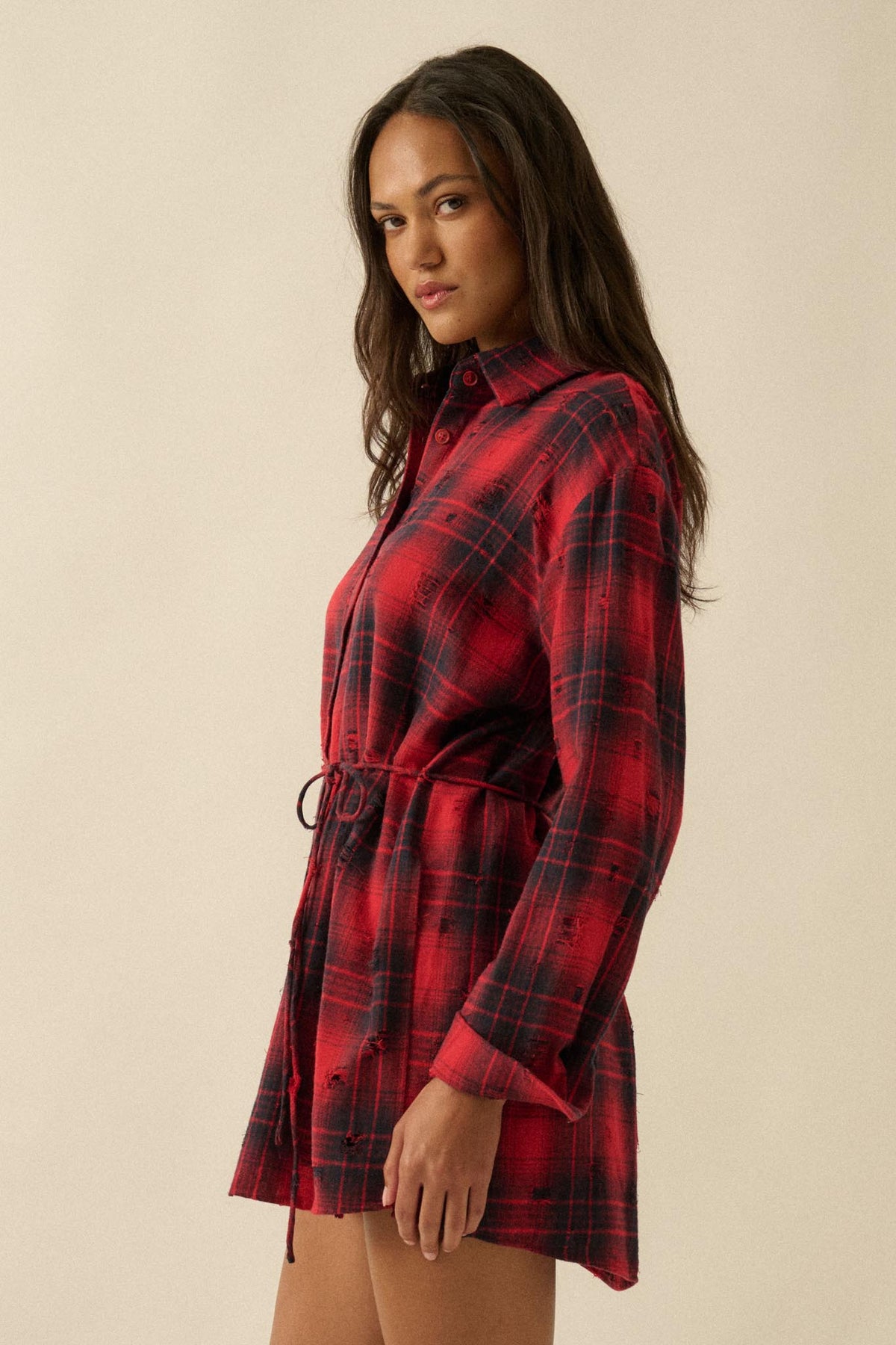By the Fire Distressed Plaid Flannel Shirt Romper