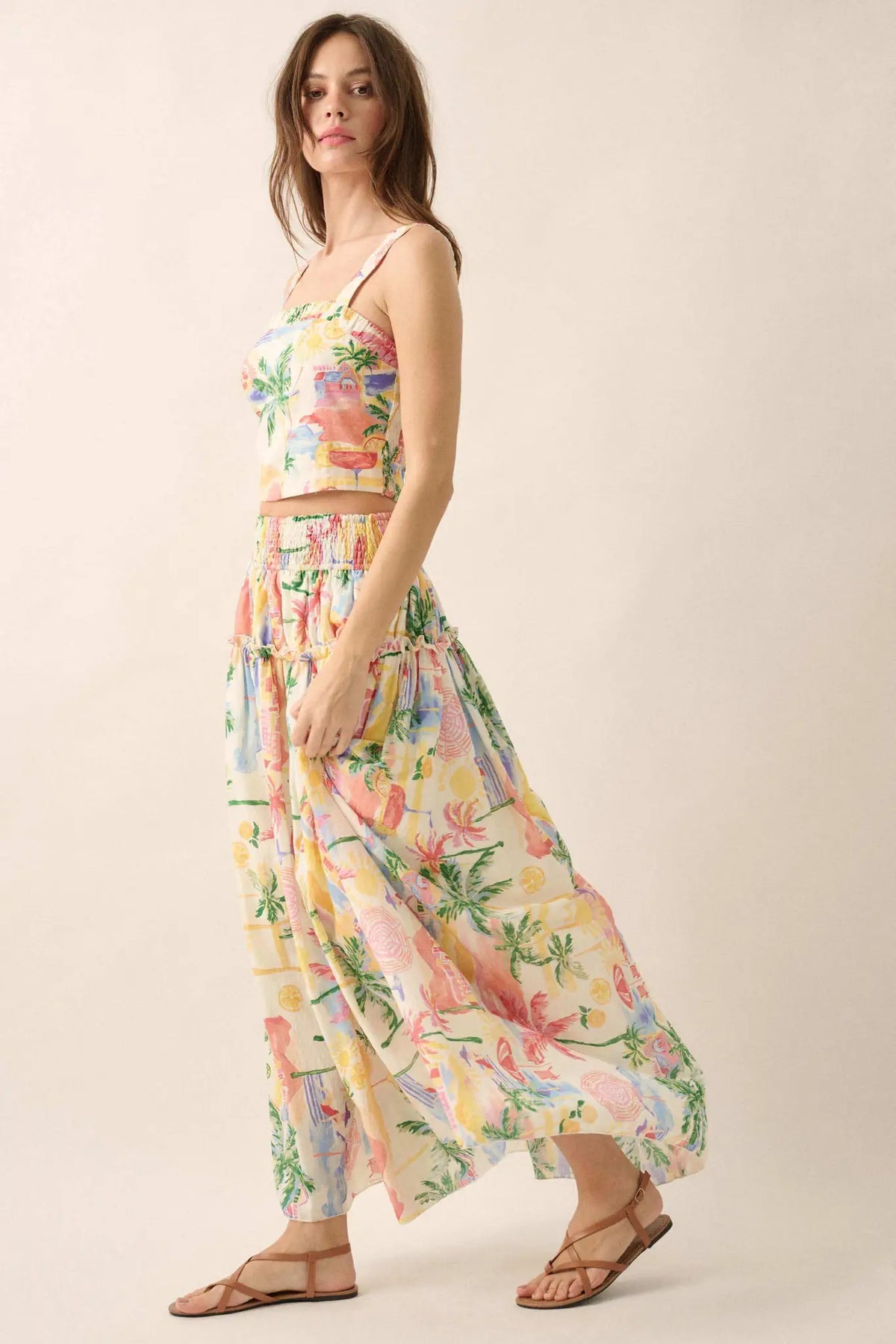 Paradise Found Tropical-Print Smocked Maxi Skirt