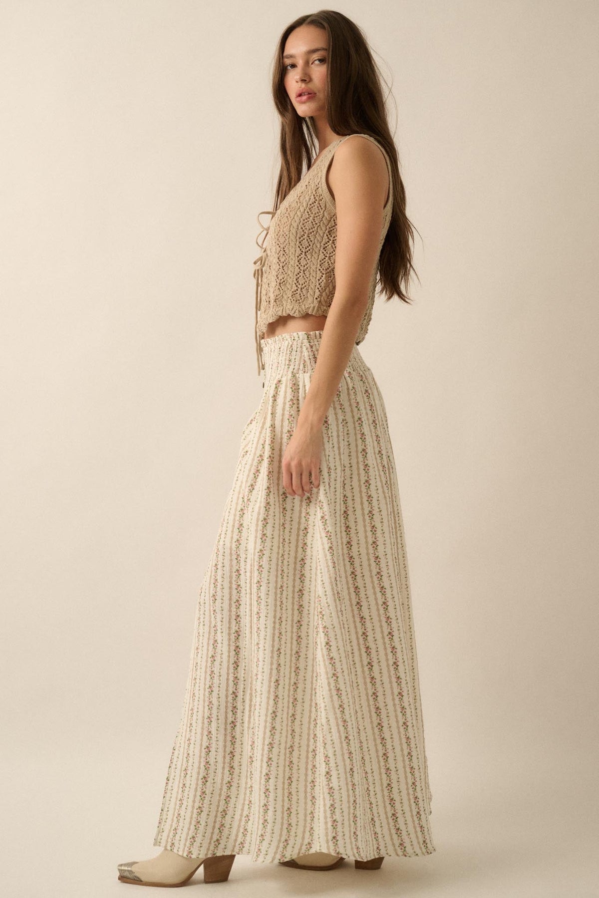 Blooming Tendrils Floral Gauze Buttoned Maxi Skirt