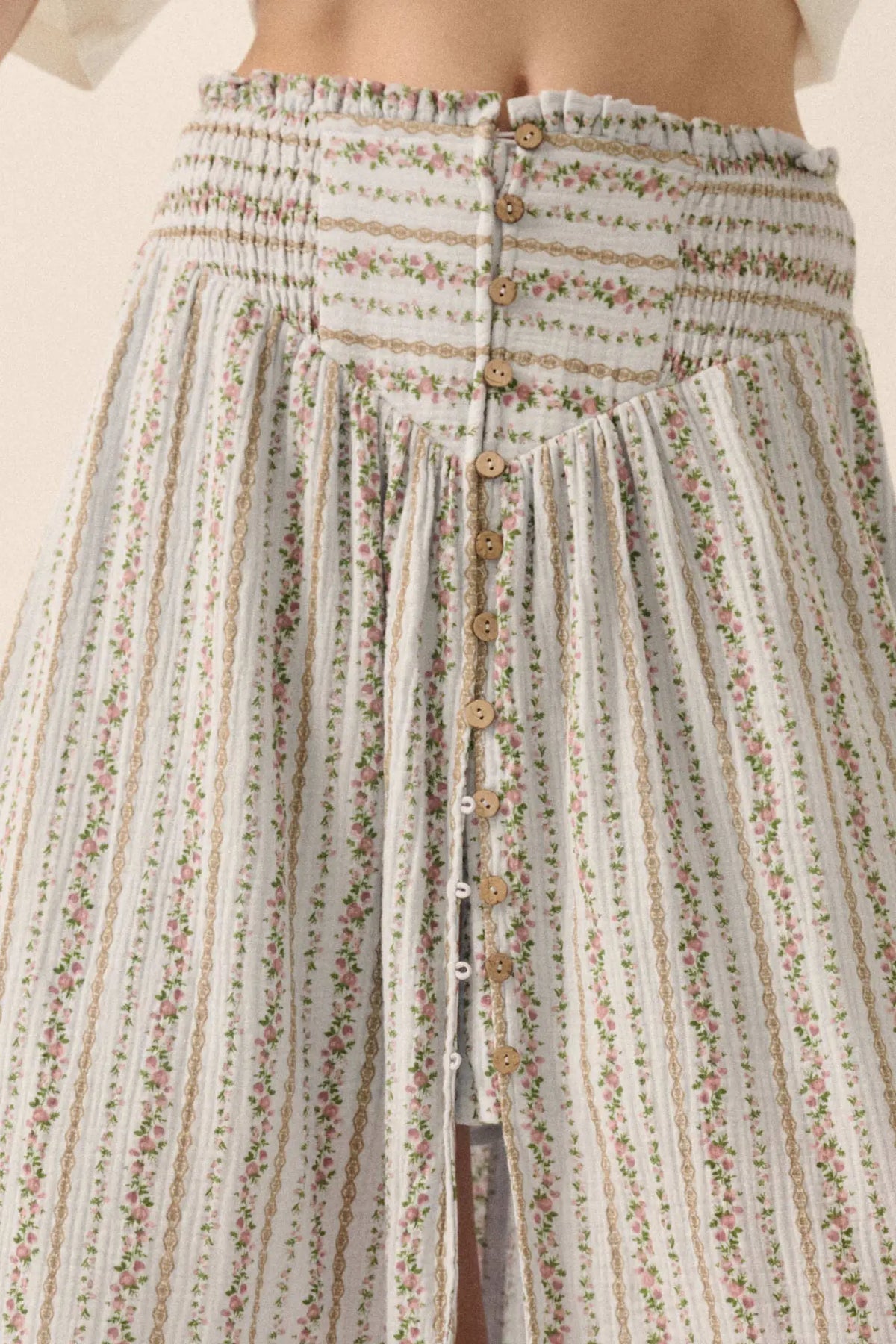 Blooming Tendrils Floral Gauze Buttoned Maxi Skirt