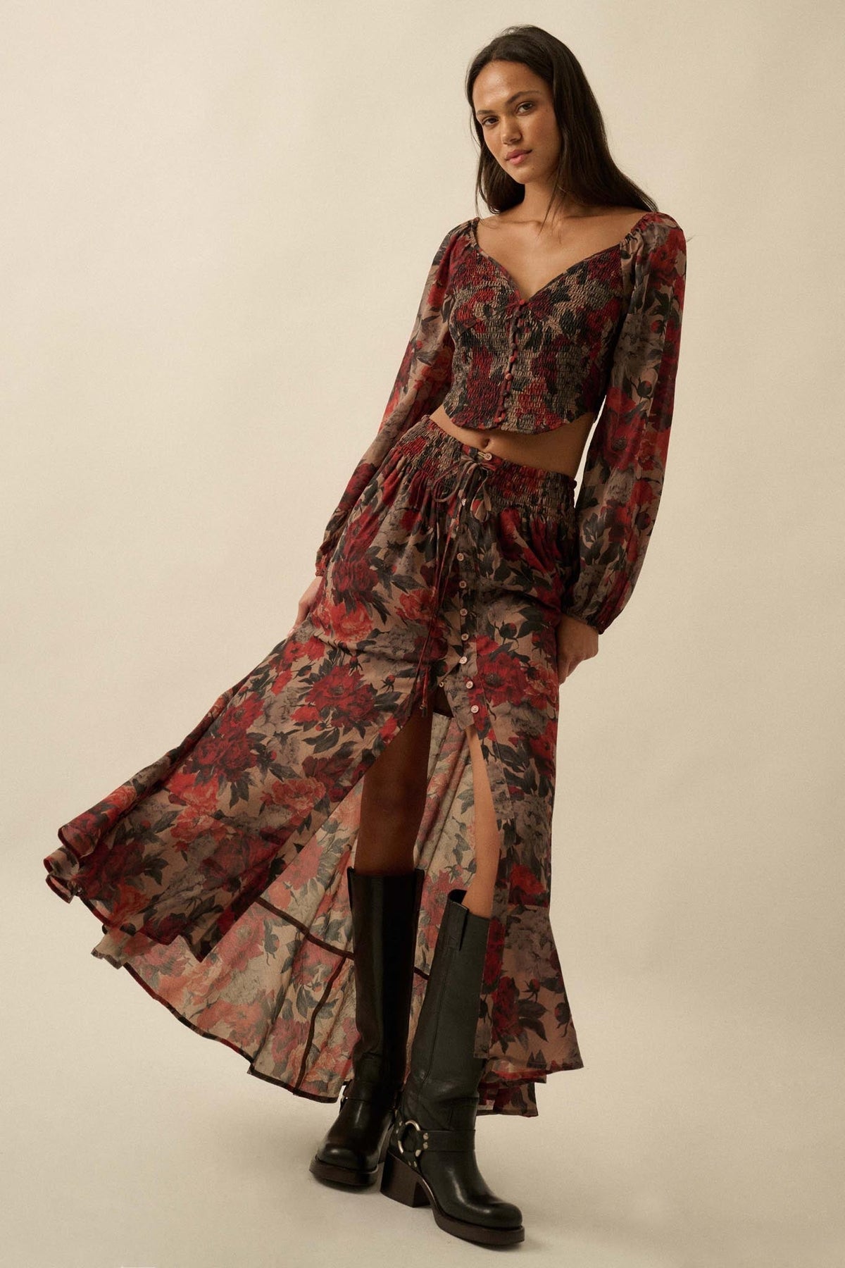 Pretty Potpourri Floral Button-Front Maxi Skirt
