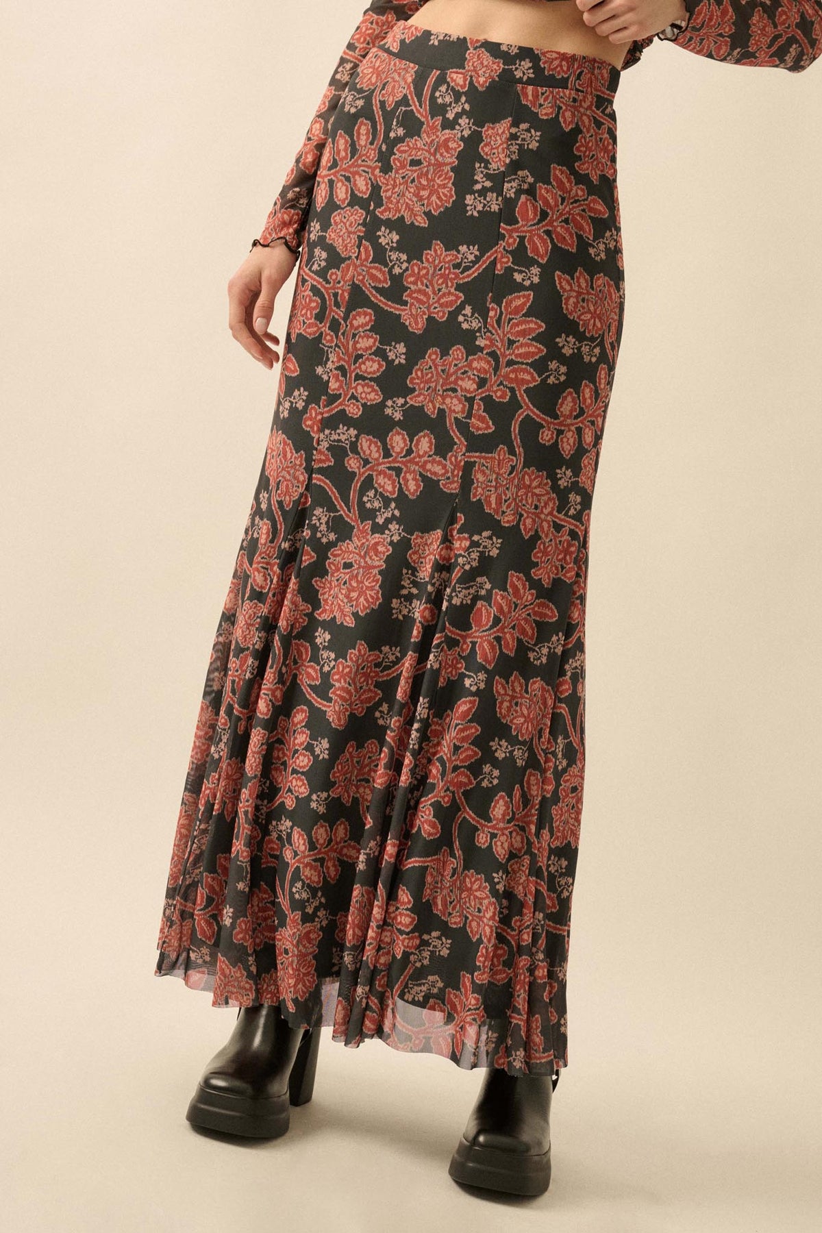 Going for Baroque Floral Mesh Godet Maxi Skirt