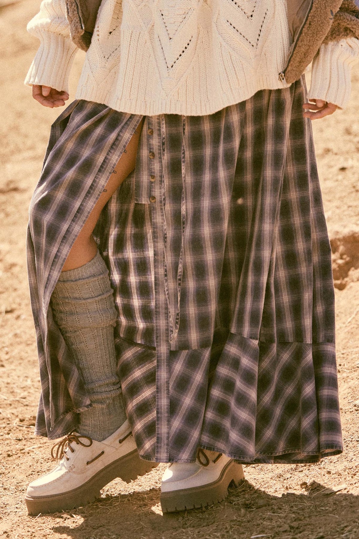 Off the Trail Plaid Flannel Button-Up Maxi Skirt