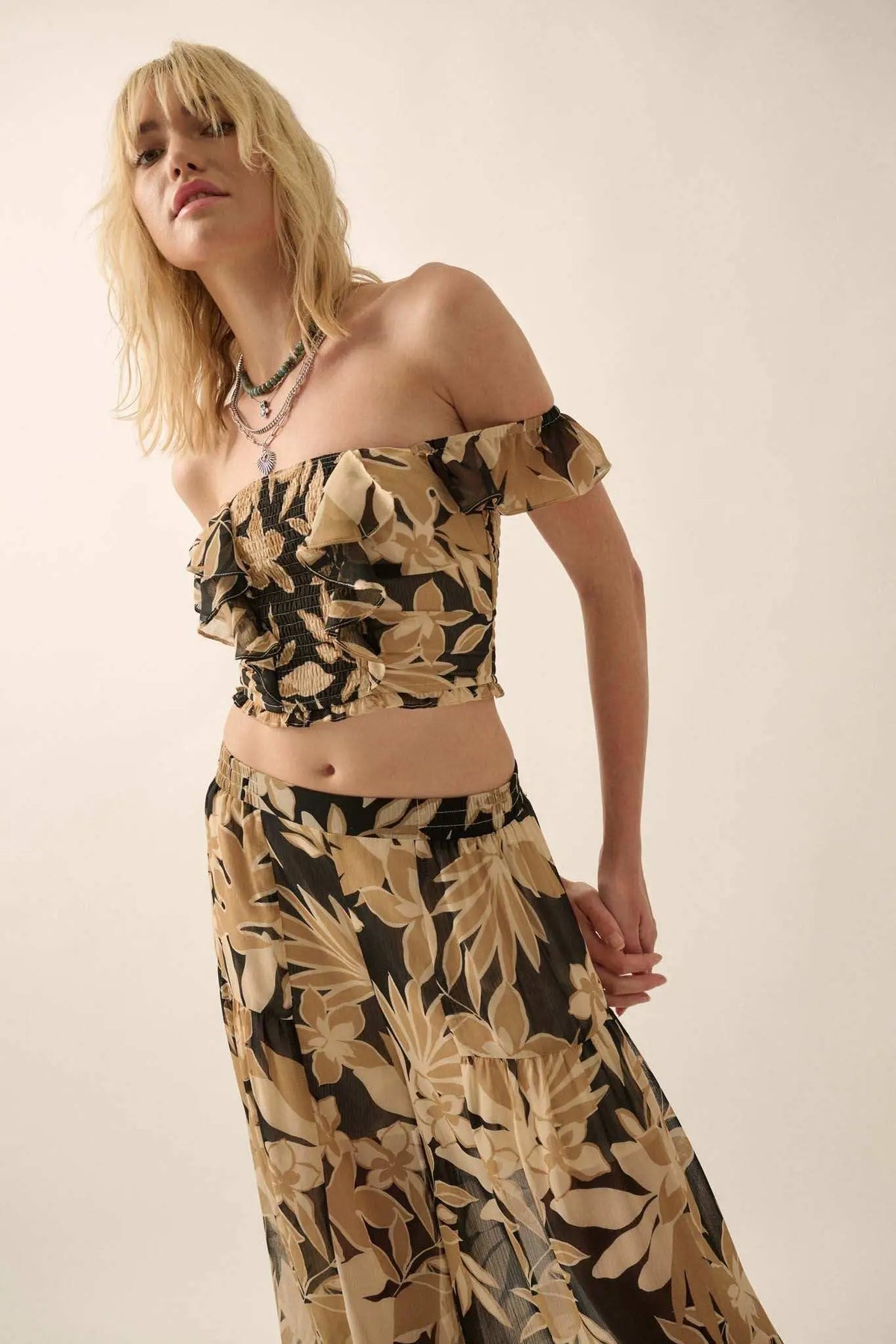 Exotic Tropics Floral Off-Shoulder Ruffle Crop Top