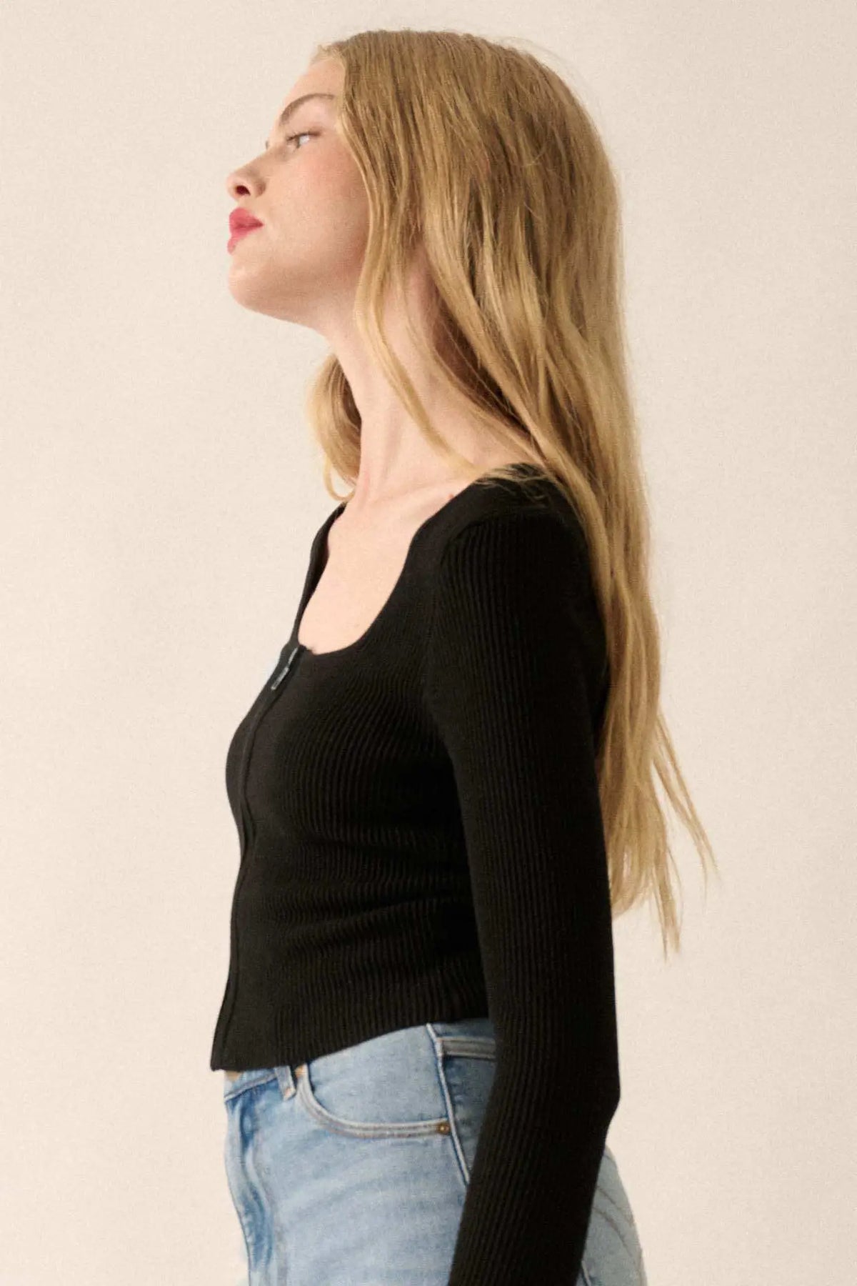 Shaper Fit Zip-Front Cropped Square-Neck Top