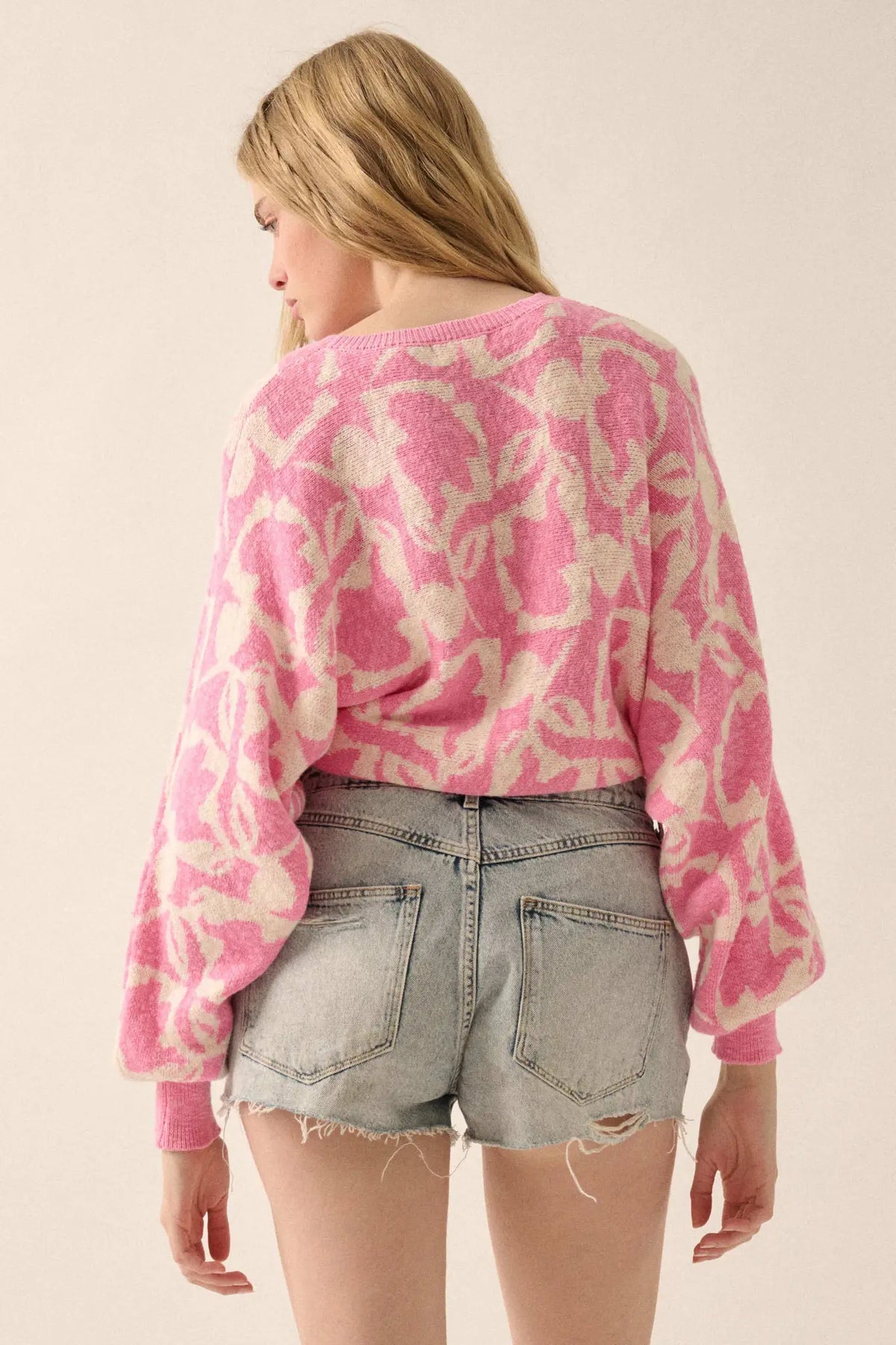 Abstract Garden Floral Jacquard Cropped Sweater