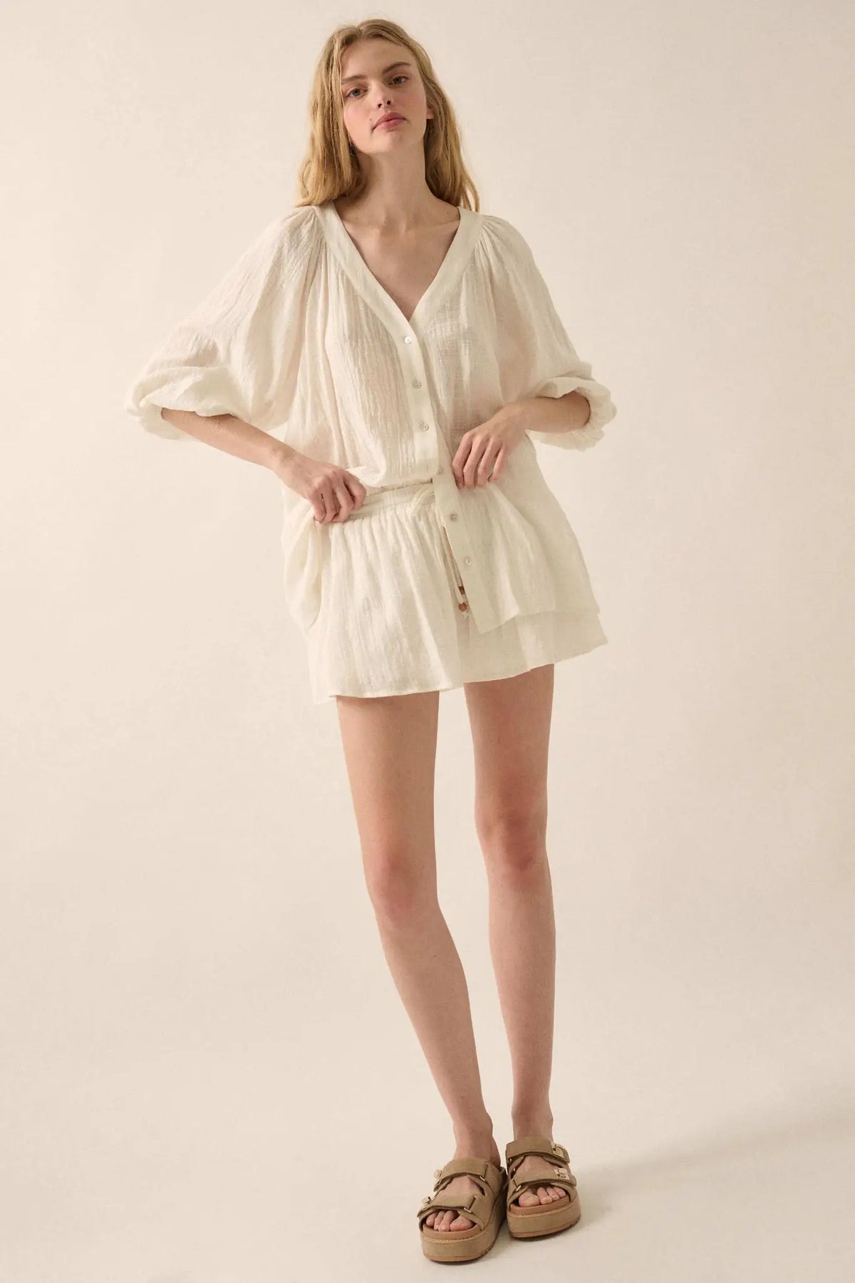 Fresh Feeling Textured Cotton Button-Up Blouse
