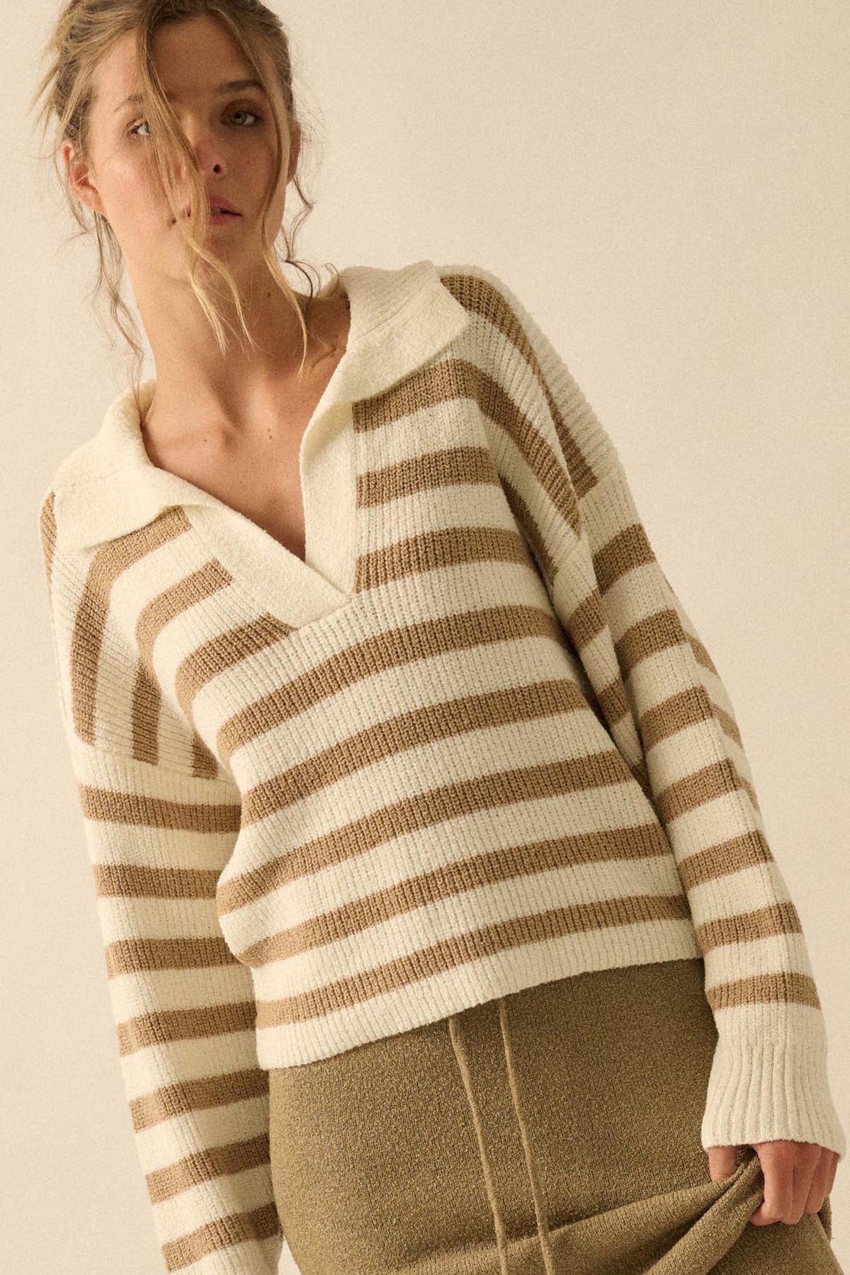Promise the Label Striped Rib-Knit Collared Sweater
